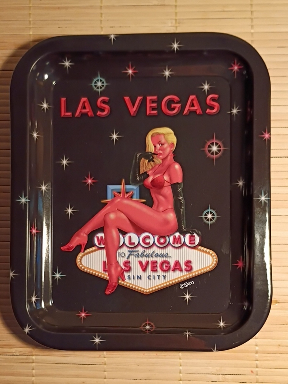 Las Vegas Retro Pin-Up Metal Tray - Black & Red 6x8 Inches